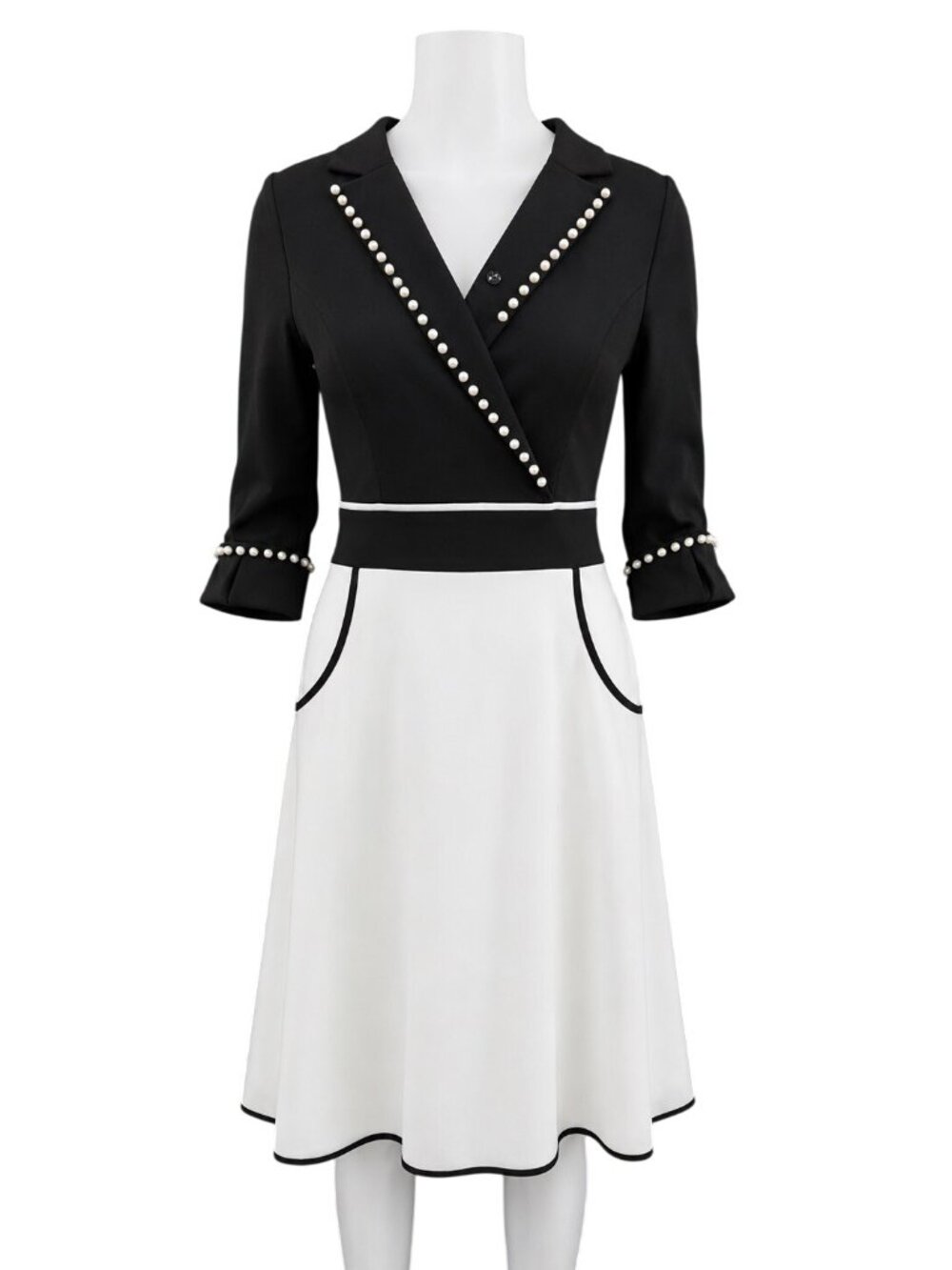 Chiclody Pearl Accent Black & White Midi Fit & Flare Dress Size 4 3/4 Sleeves 41
